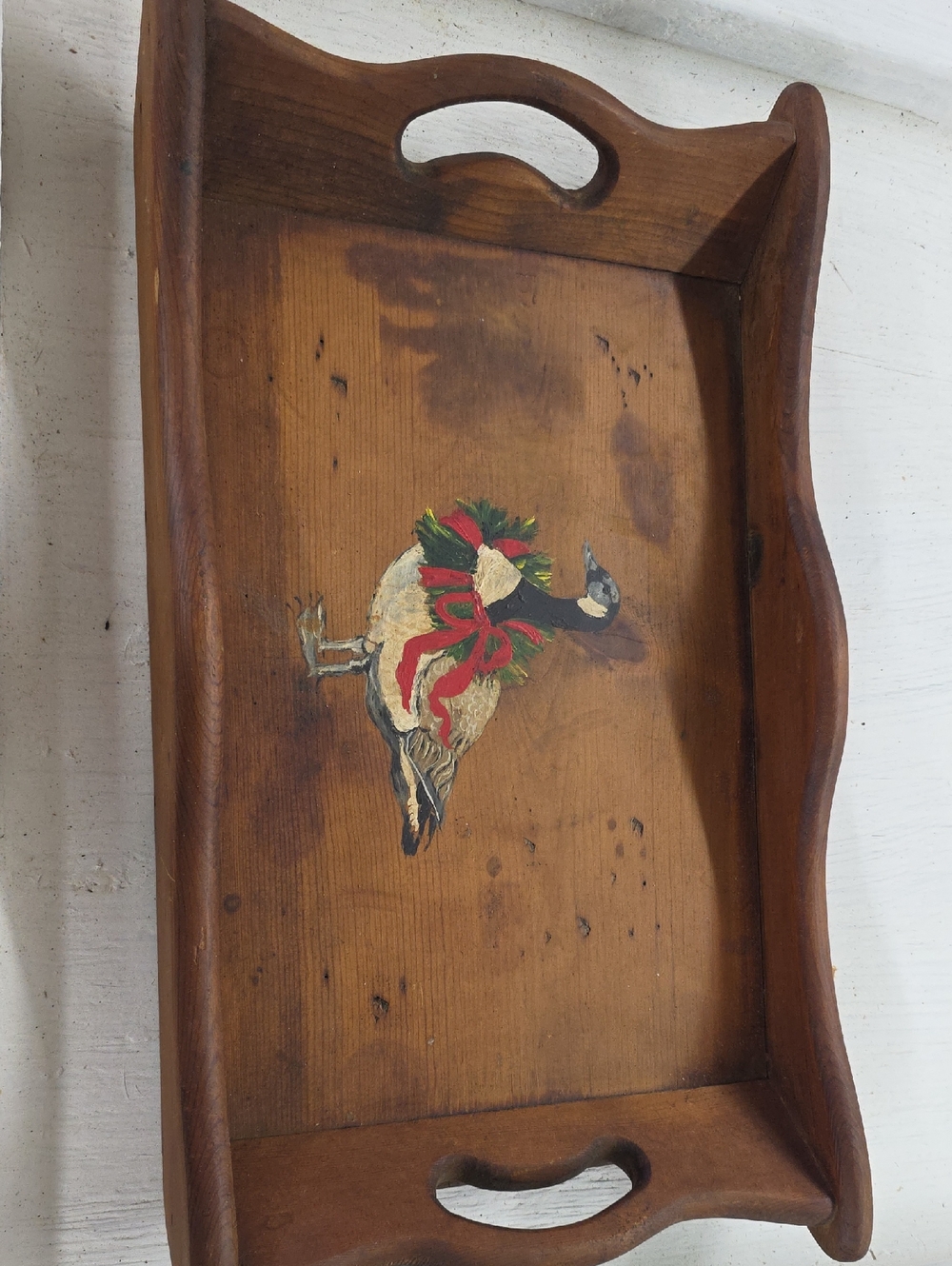 Wood Serving Tray with Festive Goose Motif - Brown